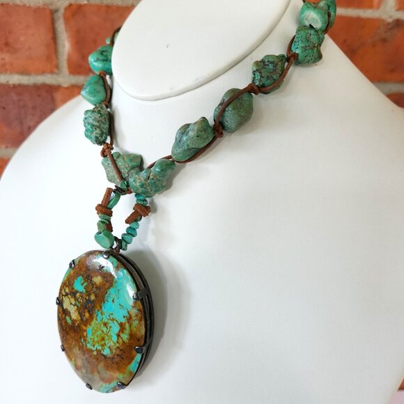 Rustic Turquoise Nugget Necklace With Large Oval Stone Pendant & Leather Cord - Picture 7 of 14